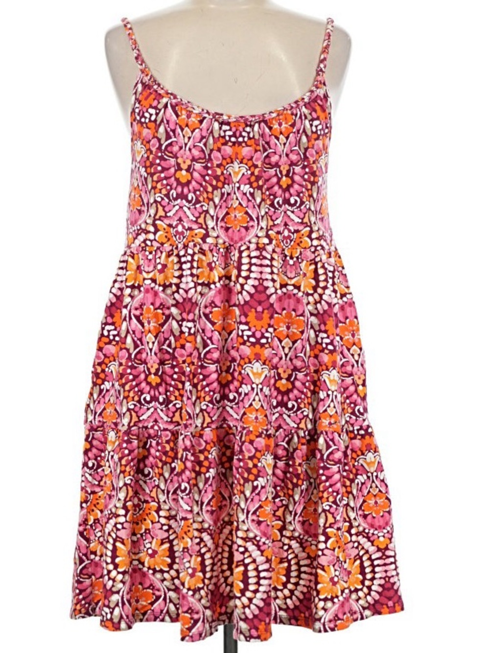 NWT Braided-Strap Tiered Mini Swing Dress featuring vibrant 🌸&🍊Paisley Print S
